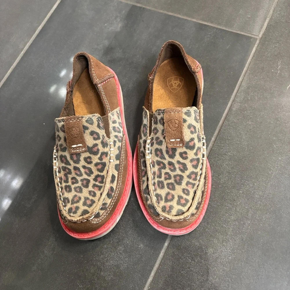 Ariat Kids Leopard Print Slip-On Shoes with Brown and Pink Accents